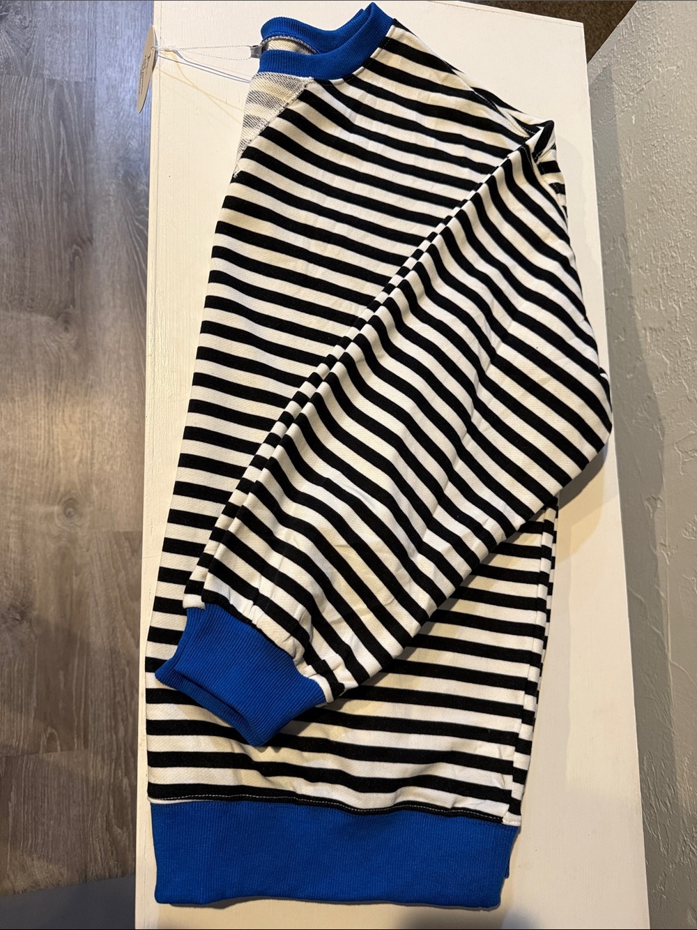 Women’s Black & White Striped Sweatshirt with Blue Trim